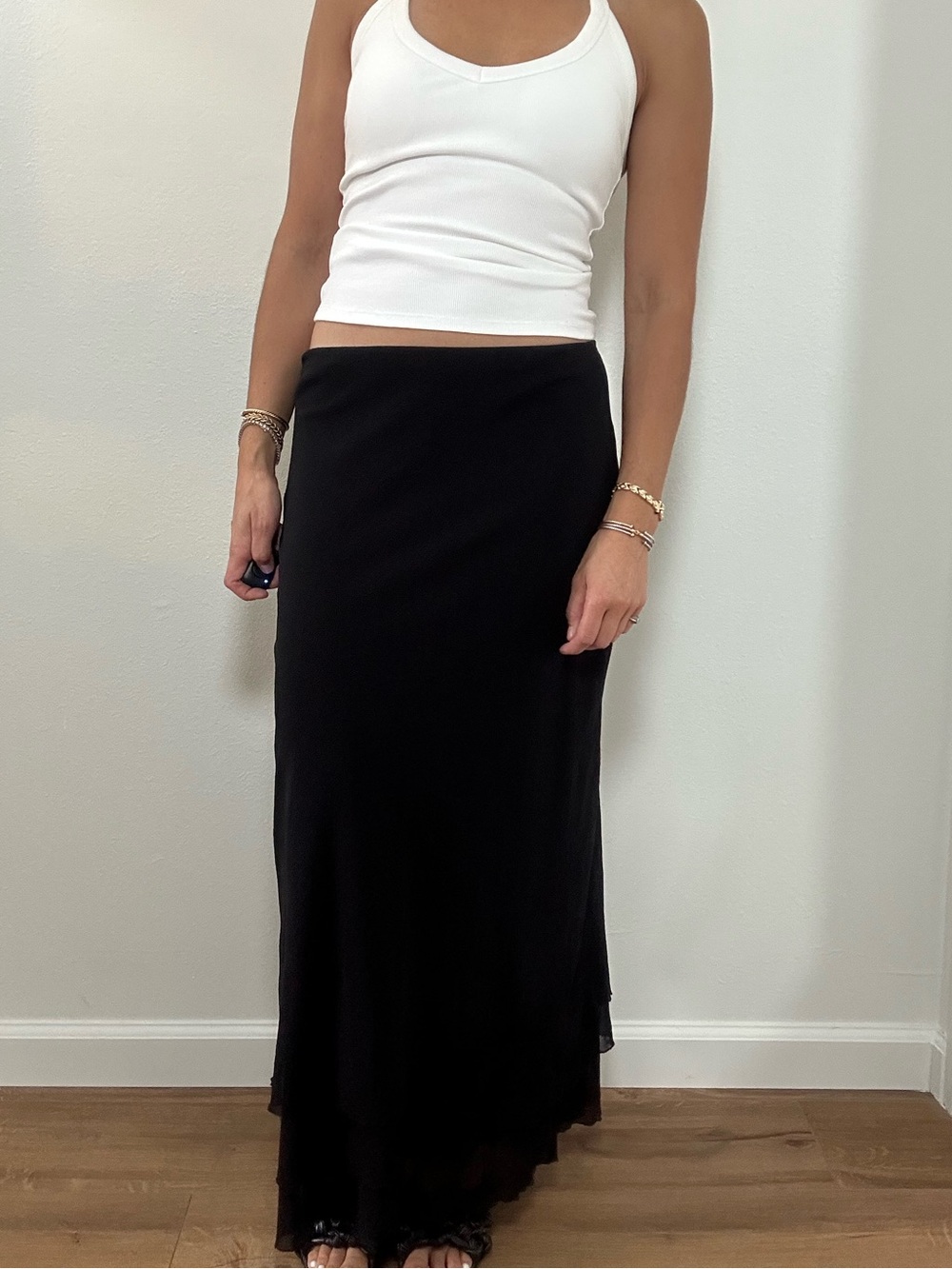 Vintage Hanky Panky Black Maxi Tiered Hem Maxi Skirt Chiffon Straight Fit Size M